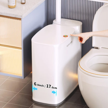 Toilet Brush and Trash Can 2-in-1 Set - Disposable Brush Heads Slim 7.7L Bathroom Waste Bin with Push Lid Hygienic No-Touch Cleaning System Space Saving ABS Plastic | White | RV Apartment Small Bathroom