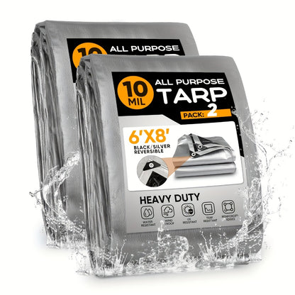Heavy Duty Waterproof Tarp 2-Pack 10Mil 150GSM Black Silver – Tear-Proof Polyethylene Cover with Reinforced Grommets for Roof Pool Boat Car Camping & Outdoor
