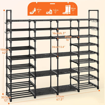 Metal Shoe Rack Organizer 4 Row 6 & 9 Tier Black | Heavy Duty Freestanding Shoe Tower Storage Shelf for Entryway Bedroom Living Room Holds 45-72 Pairs