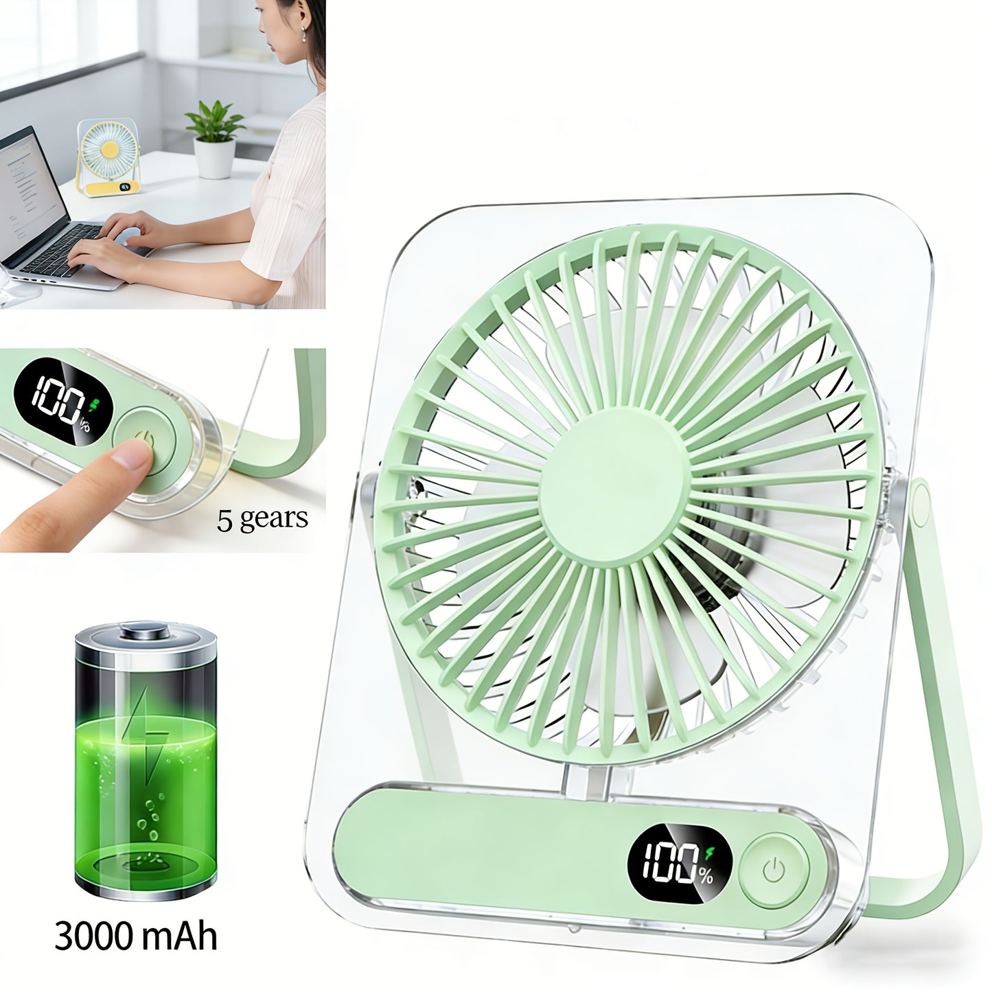 Portable USB Desktop Fan 3000mAh Battery, Ultra-Quiet 5-Speed Foldable Fan with 180° Adjustable Tilt and Digital Power Display, Small Personal Cooling Fan for Home, Office and Travel