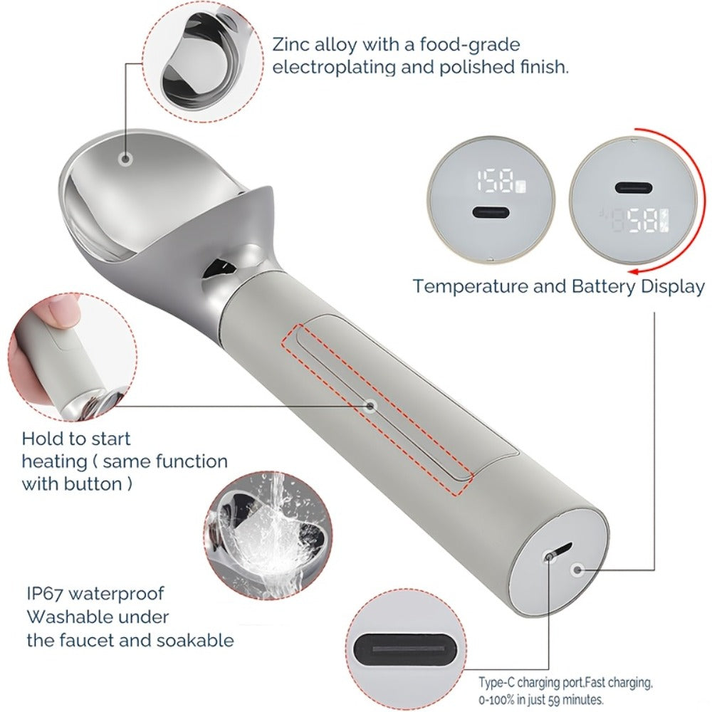 Heated Electric Ice Cream Scoop – USB-C Rechargeable with 3 Temperature Levels up to 158°F, Touch-Activated, IPX7 Waterproof, LED Display, Food Grade Stainless Steel, Ergonomic Design for Hard Ice Cream