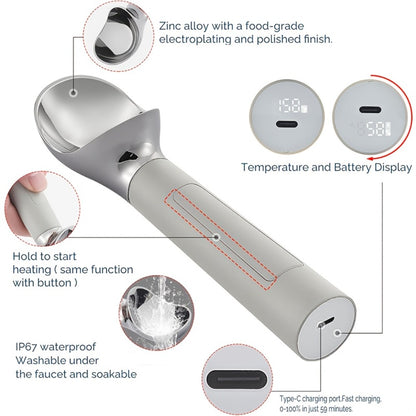Heated Electric Ice Cream Scoop – USB-C Rechargeable with 3 Temperature Levels up to 158°F, Touch-Activated, IPX7 Waterproof, LED Display, Food Grade Stainless Steel, Ergonomic Design for Hard Ice Cream