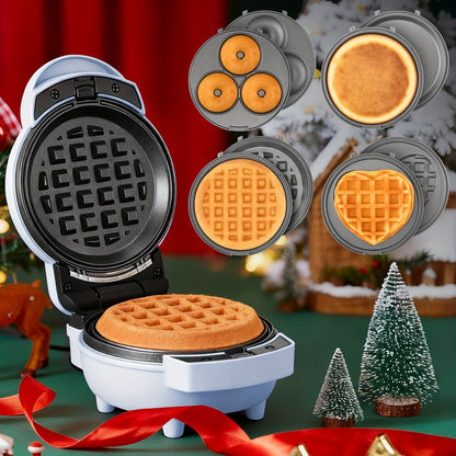 Mini Waffle Maker 4-in-1 with Removable Plates – Waffle, Pancake, Donut & Heart Shape, Non-Stick, Easy Clean, Recipe Included, Compact Breakfast Maker for Home