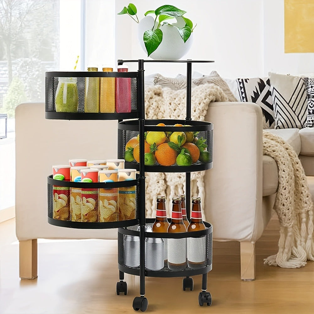 Rotating Storage Rack Multi-Tier Rolling Cart – 360° Swivel Round Floor Standing Organizer with 4 or 5 Layers, Vegetable Basket & File Rack for Kitchen, Bathroom, Office & Living Room (Black / White)