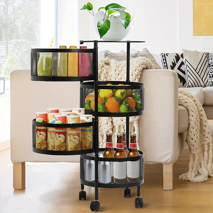 Rotating Storage Rack Multi-Tier Rolling Cart – 360° Swivel Round Floor Standing Organizer with 4 or 5 Layers, Vegetable Basket & File Rack for Kitchen, Bathroom, Office & Living Room (Black / White)