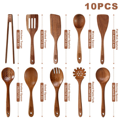 Wooden Spoons for Cooking 10 Pcs – Teak Wood Kitchen Utensils Set, Non-Stick Safe Spatulas & Spoon Cooking Tools
