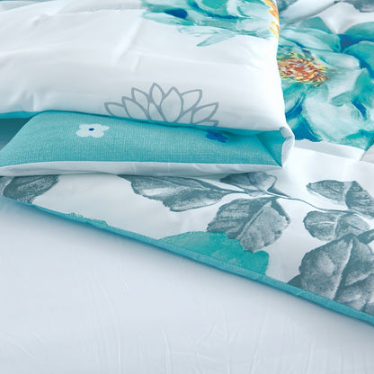 Teal Floral Comforter Set Twin Queen King Gradient Oil Painting Style Botanical Luxury Quilt Bedding Soft Microfiber All Season Bed in a Bag Gift