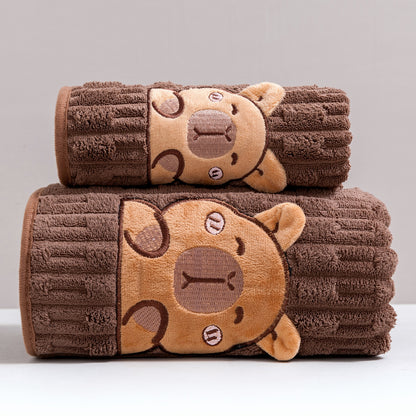 Bath Towel Set 2 Piece Cute Capybara Coral Fleece Super Soft Ultra Absorbent Quick Dry Face Towel and Bath Sheet for Spa Gym Hotel Guest Bathroom