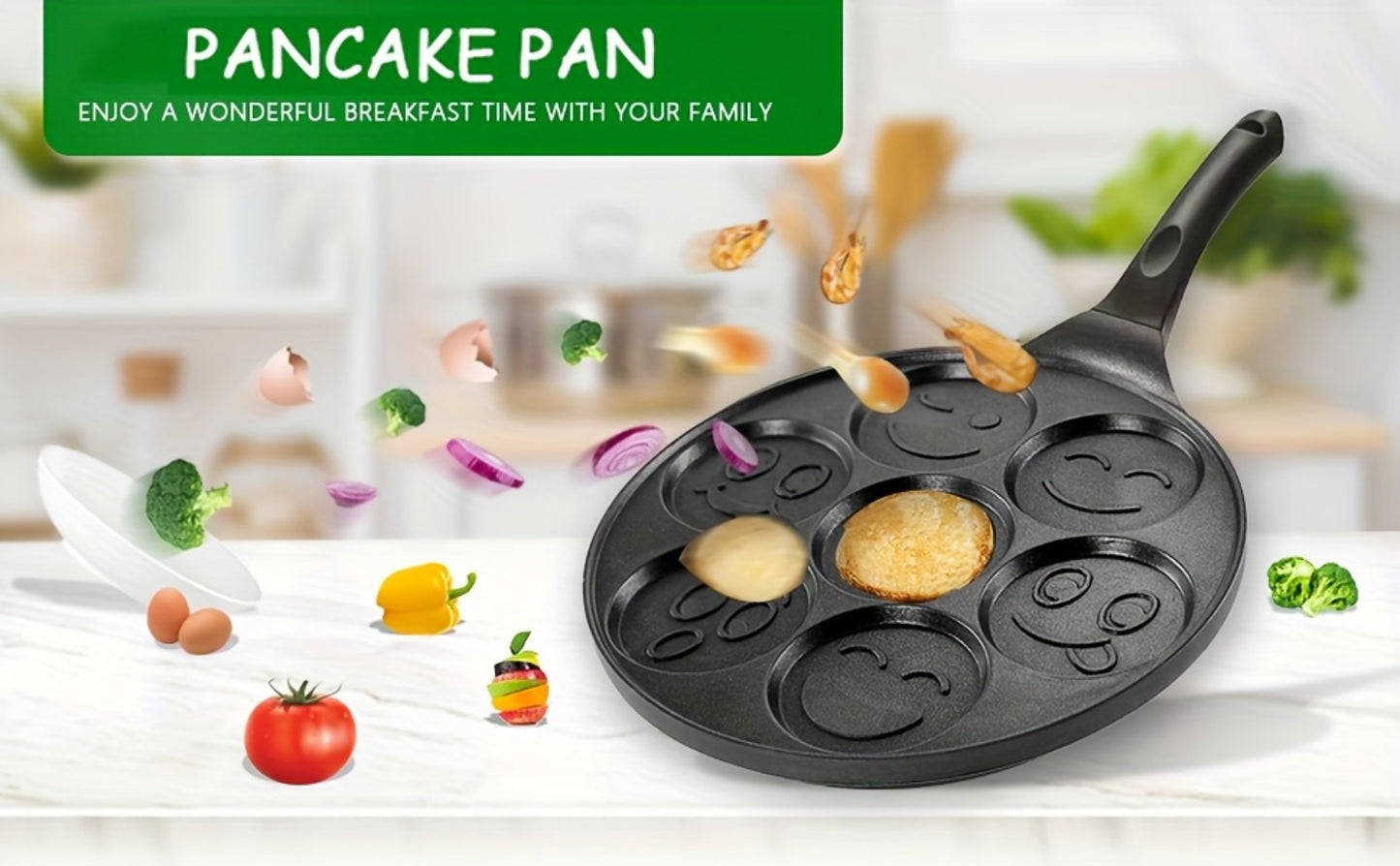 Non-Stick Pancake Pan 7-Hole Smiley Face – Fun Breakfast Egg & Bacon Frying Tray for Kids & Family, Easy to Clean, Mini Pancake Maker Baking Pan Kitchen Cooking Tool