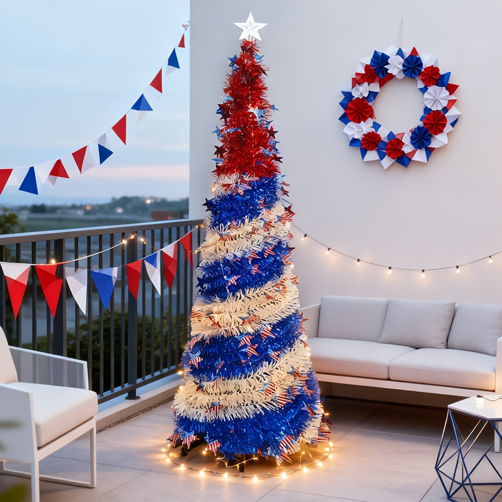 4th of July Patriotic Decoration Tree 5ft – Foldable LED Light String with Red White Blue Stars & Stripes, Independence Day Party Decor, Patriotic Theme Display Tree, Summer Holiday Gift