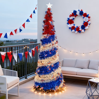 4th of July Patriotic Decoration Tree 5ft – Foldable LED Light String with Red White Blue Stars & Stripes, Independence Day Party Decor, Patriotic Theme Display Tree, Summer Holiday Gift