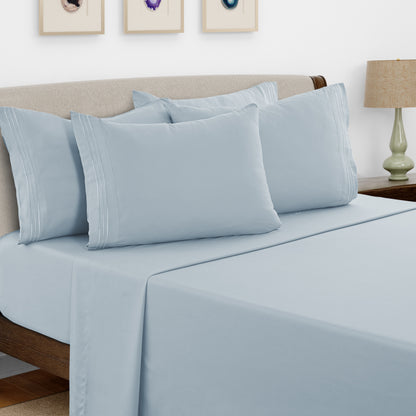 Bed Sheets Set 6 Piece - Soft Brushed Microfiber Fitted Sheet with 16" Deep Pocket, Flat Sheet & Embroidered Pillowcases, Hotel Luxury Cooling Bedding, All Seasons, 20 Colors
