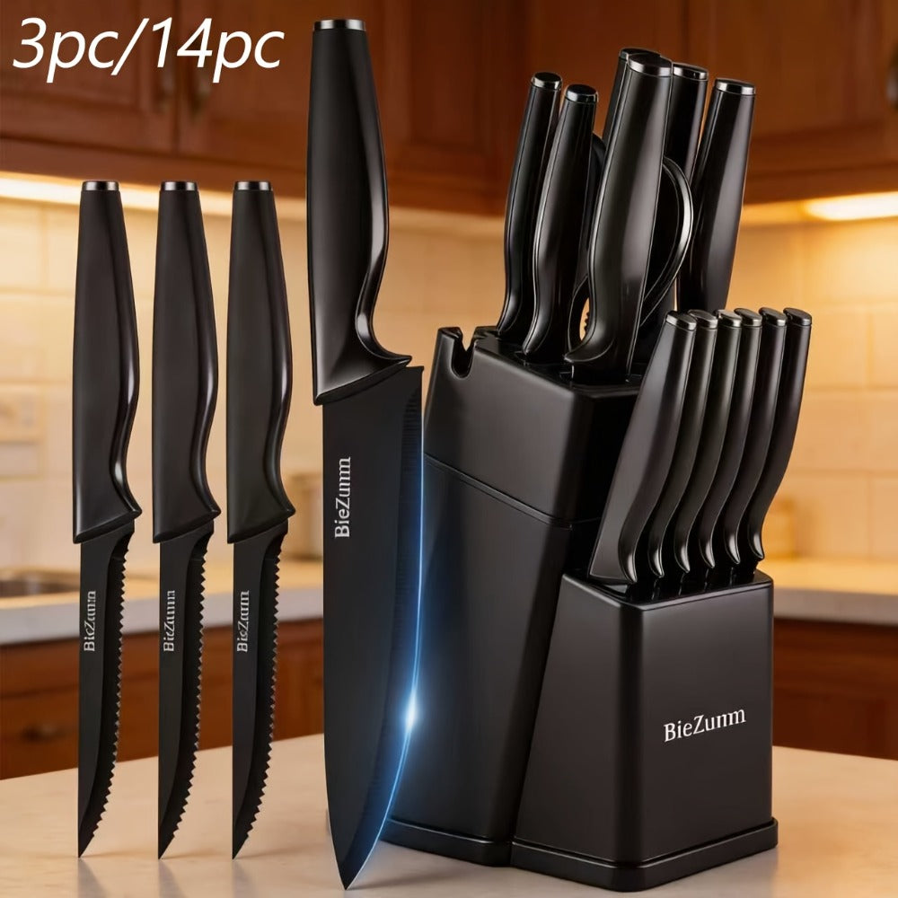 Kitchen Knife Set – 3-Piece & 14-Piece Multi-Purpose Chef’s Knife, Steak Knife, Fruit Knife & Scissors with Storage Block, Black