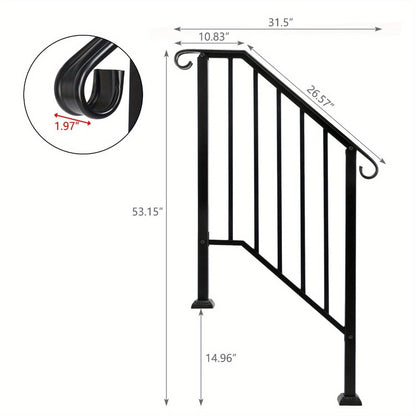 Wrought Iron Stair Handrail for 2-3 Steps - Matte Black & White Powder Coated Iron Picket Railing with Stainless Steel Post Mounts, Indoor Outdoor Home Safety Grab Bar & Accessibility Rail