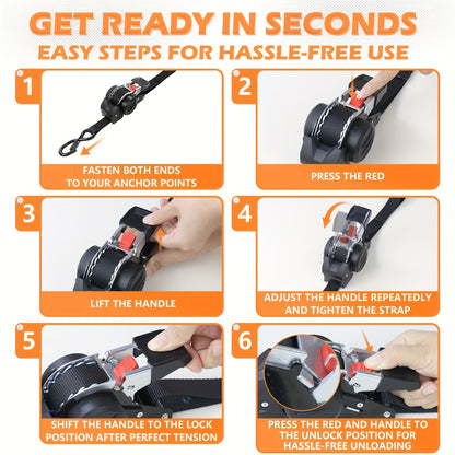 Retractable Ratchet Straps with Extension Strap – Heavy Duty Auto Self-Retracting Tie Down Cargo Straps for Truck Trailer Motorcycle Moving & Appliances