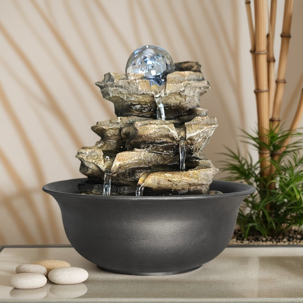 Indoor Tabletop Fountain with LED Lights – Crystal Ball Rolling Waterfall Desktop Zen Fountain Humidifier for Living Room Office Bedroom