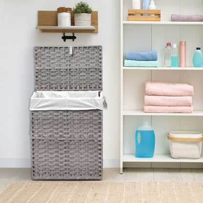 Laundry Hamper with Lid Large Capacity Woven Rattan Storage Basket, Collapsible Clothes Hamper with Handles & Removable Liner, Foldable Breathable Wicker Basket for Bedroom Home Dorm, 2 Sizes