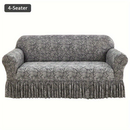 Printed Elastic Skirt Sofa Cover Modern Hem Design Stretch Sofa Slipcover Protective Furniture Cover for Living Room Single 2 3 4 Seater Machine Washable
