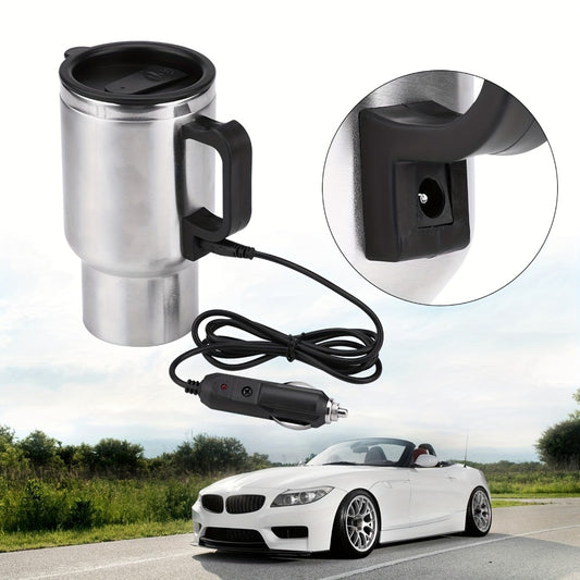 12V Car Electric Heating Travel Mug 450ml, Stainless Steel Car Electric Kettle with Cigarette Lighter Plug, 65°C Keep Warm Coffee Mug Heater for Road Trip Camping