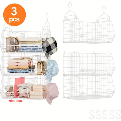 Hanging Laundry Basket Organizer 3pcs - Foldable Laundry Bag with 360° Rotating Hook for Washing Machine & Drying Rack, Space Saving Metal Mesh Laundry Hamper for Bathroom, Laundry Room | Black & White