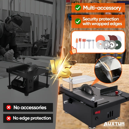 Mini Table Saw Multifunctional Desktop Cutting Machine – 100W Motor, 7-Speed Adjustable, 0–90° Angle Cut, 4 Saw Blades Included, Portable DIY Table Saw for Wood, Metal, Plastic, PCB, Acrylic – with Extra Accessories Option