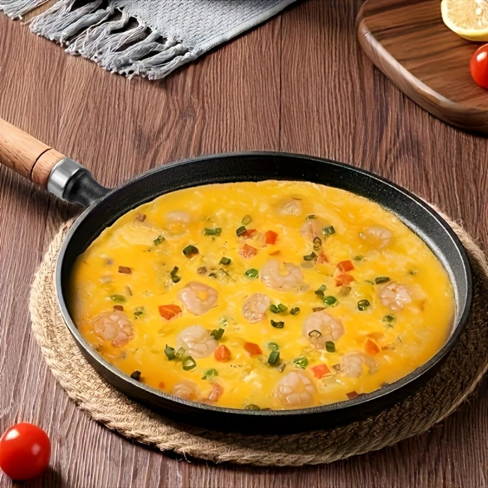 Mini Cast Iron Frying Pan 4.7 Inch with Wooden Handle for Omelets Pancakes Crepes - Non-Stick Skillet Even Heat Distribution Durable Kitchen Cookware