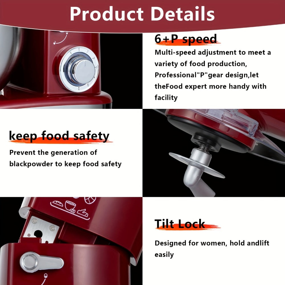 Stand Mixer 6-in-1 400W with 6.3QT Stainless Steel Bowl – 6-Speed & Pulse Tilt-Head Kitchen Mixer with Dough Hook Beater Whisk Juicer Meat Grinder Noodle Press | Electric Food Mixer Black Red Purple Silver