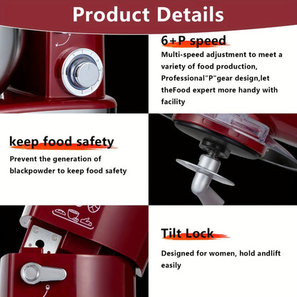 Stand Mixer 6-in-1 400W with 6.3QT Stainless Steel Bowl – 6-Speed & Pulse Tilt-Head Kitchen Mixer with Dough Hook Beater Whisk Juicer Meat Grinder Noodle Press | Electric Food Mixer Black Red Purple Silver