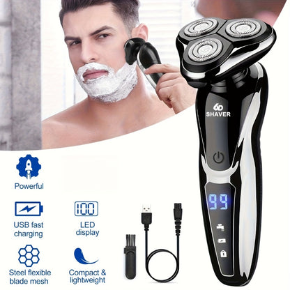 Men's Electric Shaver 3D Floating Head with LED Display - Rechargeable Washable Cordless Rotary Shaver for Home & Travel, Close Smooth Shave, Great Gift for Men, Boyfriend & Valentine's Day, 2-Pack