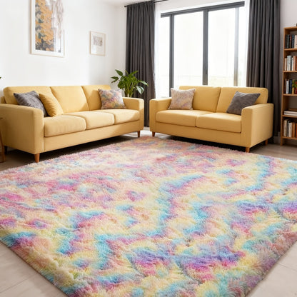 Rainbow Tie Dye Shag Area Rug – Soft Fluffy Non-Slip Machine Washable Carpet for Living Room Bedroom Home Office