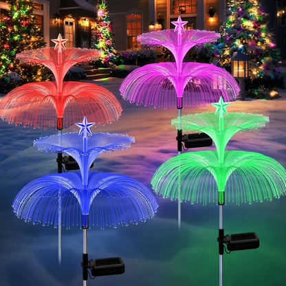 Solar Christmas Tree Lights Fiber Optic Star, 7-Color LED IP65 Waterproof Garden Stake Lights — 2 or 5 Layer Star for Lawn, Pathway, Patio & Holiday Decor | 2, 4 or 6 Pack