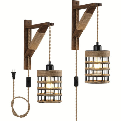 Plug In Wall Sconces Set of 2 or 1 – Rustic Farmhouse Wall Lamp with Metal Cage & Wooden Bracket, Plug-Into-Outlet Hanging Light for Bedroom, Living Room & Headboard