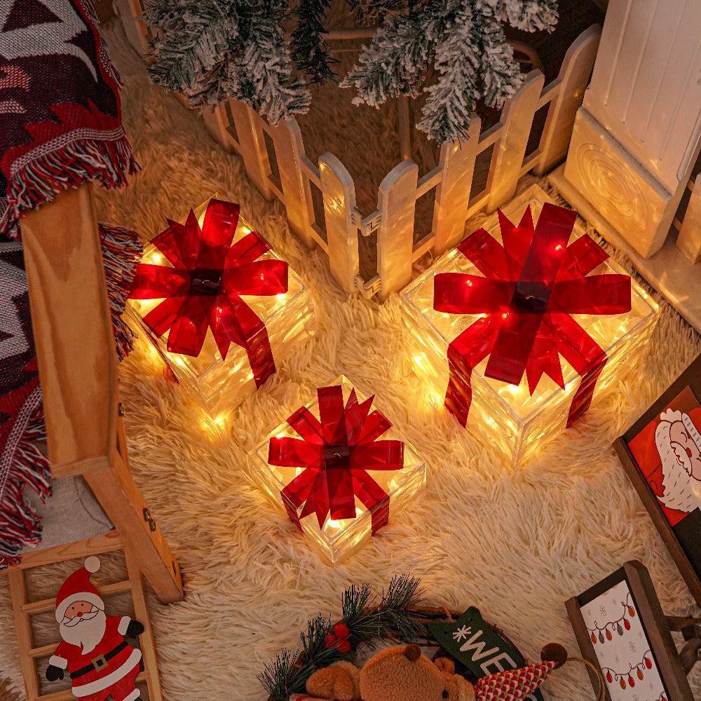 Christmas Light-Up Gift Boxes Set of 3 – USB & Battery LED Warm White Lighted Decorations with Timer, 8 Lighting Modes, Red Bow, Indoor Outdoor Holiday Home Decor