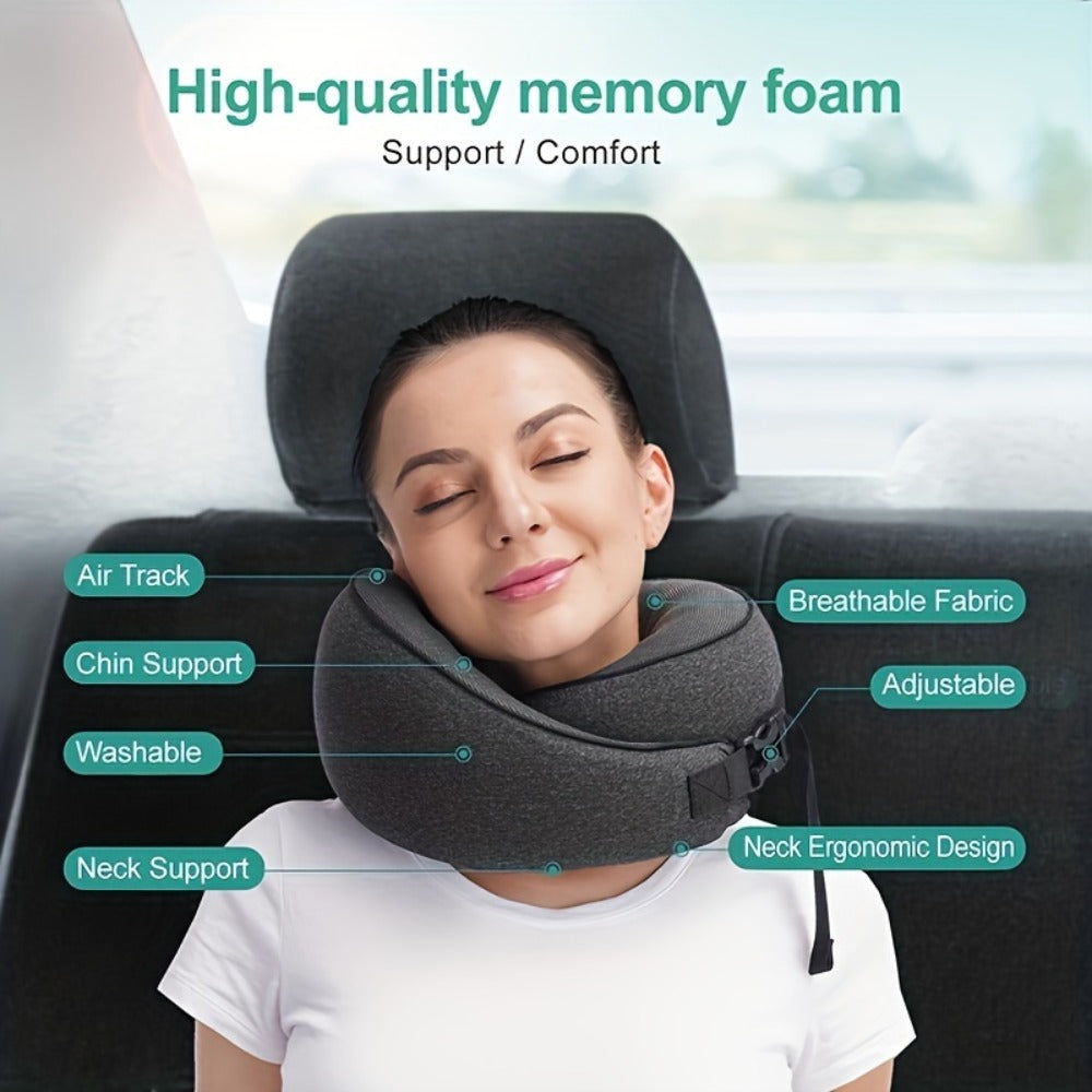Memory Foam Travel Neck Pillow – Breathable Washable Cover for Airplane, Office, Car & Home Recliner