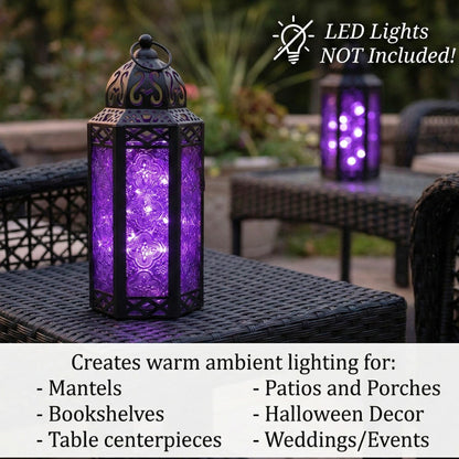 Moroccan Candle Lantern Holder - Decorative Metal & Glass Lantern with Embossed Floral Design for Indoor Home Decor, Garden, Patio, Weddings, Ramadan, Halloween & Holiday Celebrations - 10.5" Tall Medium Size