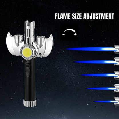 Torch Lighter Metal Jet Flame, Large Windproof Butane Torch with COB Light, High-Power Refillable Flamethrower for Barbecue, Baking, Camping, Moxibustion & Outdoor Use – Black & Silver (Butane Not Included)