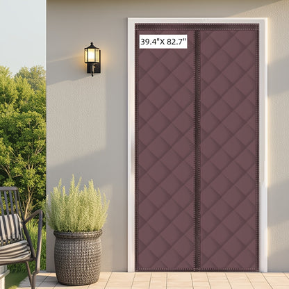 Thermal Insulated Door Curtain Magnetic Closure Knit Plaid Pattern – Windproof Insulation Blanket for Front Door, Sliding Glass, Patio & French Doors, Keep Cold Out, Grey & Brown, Multiple Sizes