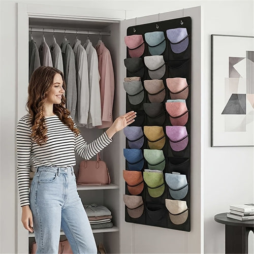 Over the Door Hat Organizer 24 Pocket - Baseball Cap Rack with Large Clear Pockets and 3 Hooks for Hat Storage Protection and Display in Closet