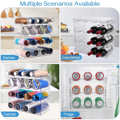 Water Bottle Organizer 4 Tier Stackable - Clear Plastic Cabinet Storage Rack Holds 16 Bottles Space Saving Transparent Pantry Kitchen Organizer | Home Office Pantry Refrigerator Organization