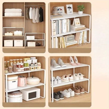 Expandable Cabinet Shelf Organizer, Heavy-Duty Metal Height-Adjustable Wardrobe Shelf Divider — Vertical Space-Saving Storage Rack for Kitchen, Closet, Pantry & Apartment | Black & White