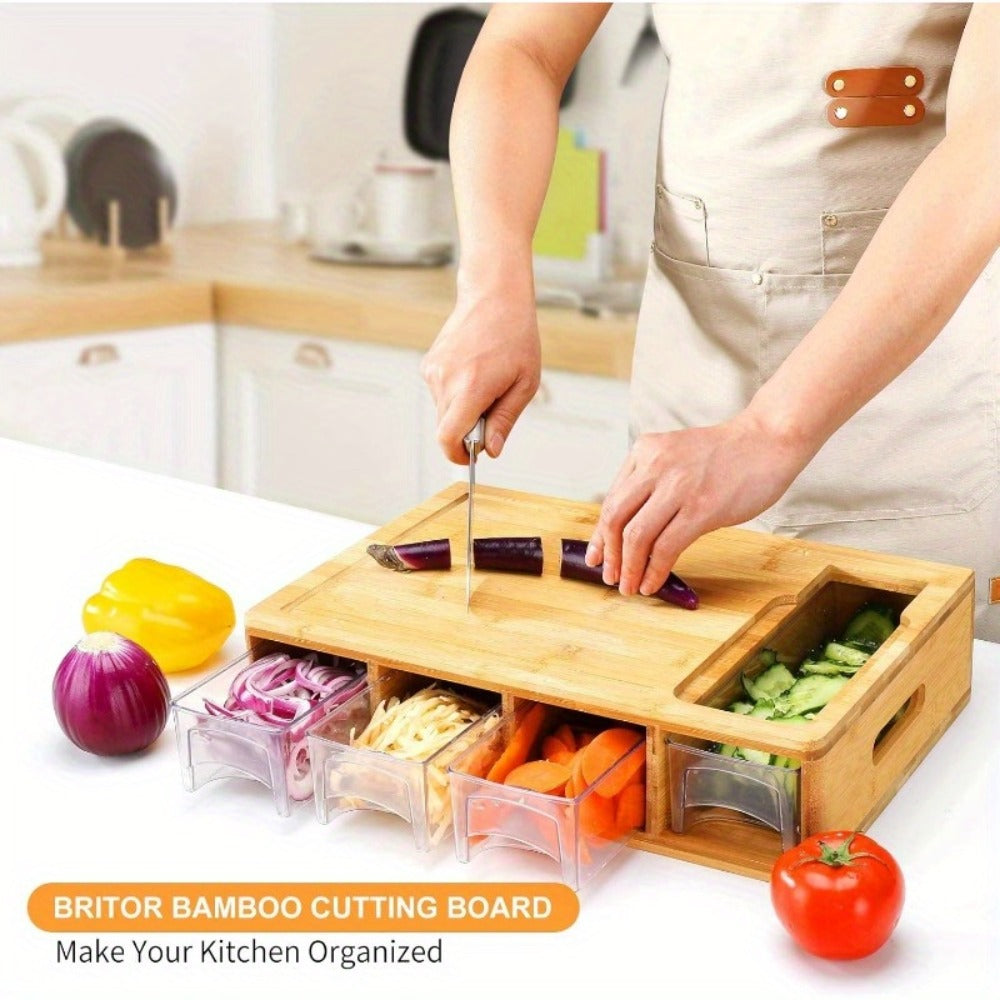 Bamboo Cutting Board with Trays & Drawers – Large Butcher Block Chopping Board with Food Sliding Opening, Stackable Airtight Storage Trays & Bamboo Lids – Kitchen Carving Board Gift for Home Cooks