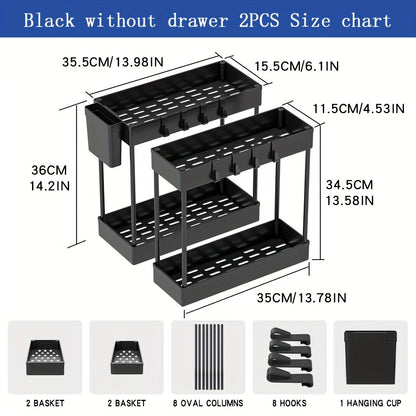 Under Sink Organizer 2pcs Double Tier Sliding Storage Basket with 8 Hooks – Kitchen Bathroom Cabinet Rack Shelf