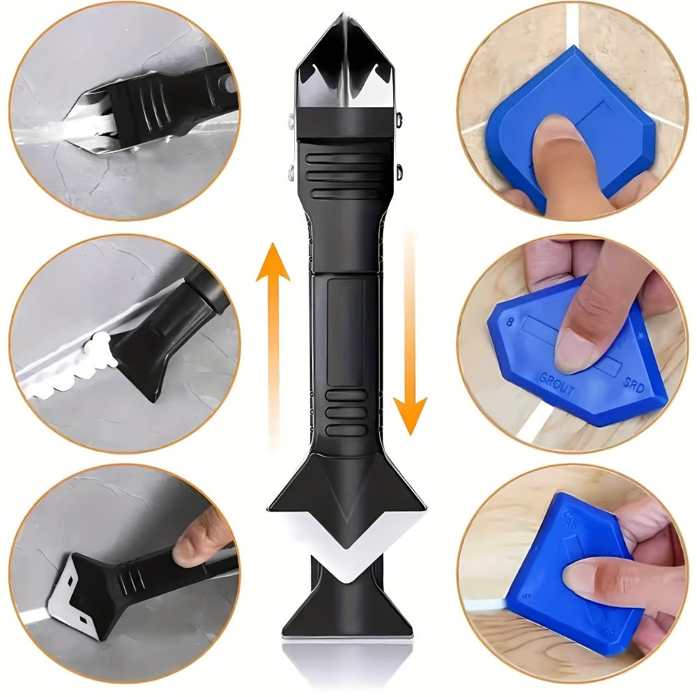 Grout Removal Tool Set 6-in-1 with 5 Replaceable Stainless Steel Blades – Multi-Function Tile Grout Scraper, Putty Knife & Caulk Gun for Kitchen, Bathroom, Floor & Window Renovation