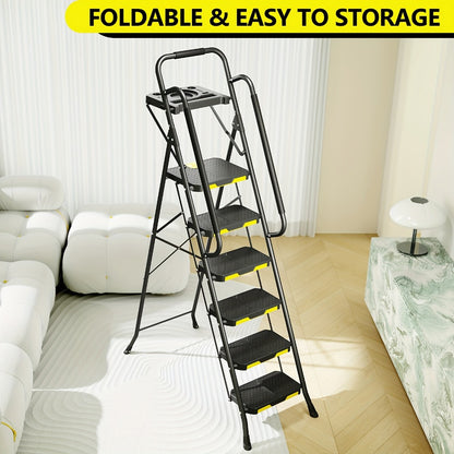 6 Step Ladder with Handrails & Tool Platform 800 LBS – Folding Step Stool Wide Pedal Steel Safety Ladder for Adults, Painting, Home, Garage & Outdoor Use – Auto Safety Lock, Compact Storage