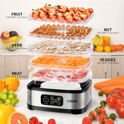 Food Dehydrator Machine 5-Tray with 72H Timer & LED Display – Adjustable Temperature Control, BPA-Free, Includes Mesh Screen, Fruit Roll Sheet & Recipes, for Jerky, Fruit, Veggie, Herb & Dog Treats