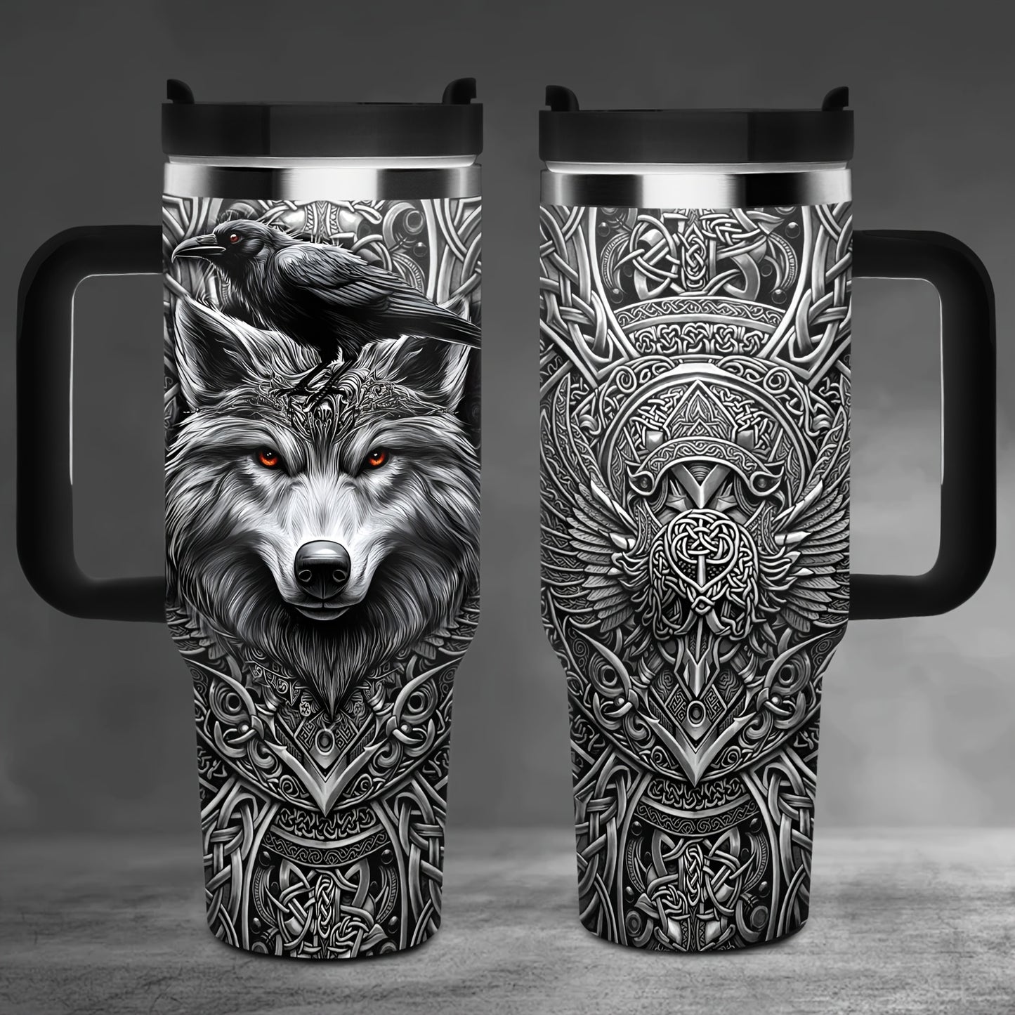 40oz Viking Tumbler with Handle - Wolf Raven Norse Mythology Celtic Knot Stainless Steel Insulated Travel Mug, Viking Gift for Men Women, Coffee Mug for Viking Lovers, Norse Mythology Gift