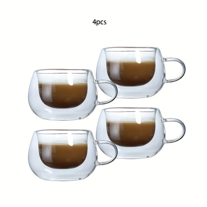 Double Wall Glass Coffee Cups with Handle Insulated Transparent Borosilicate Espresso Cappuccino Latte Tea Cups Set - Clear Heat Resistant Beverage Glasses for Hot & Cold Drinks