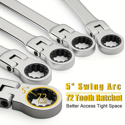 Ratchet Wrench Set 5pcs Flexible Head 6-10mm Metric Chrome Vanadium Steel 72-Tooth Combination Wrench Open Closed End for Automotive Bicycle Home Repair Mechanic Hand Tool Kit Silver