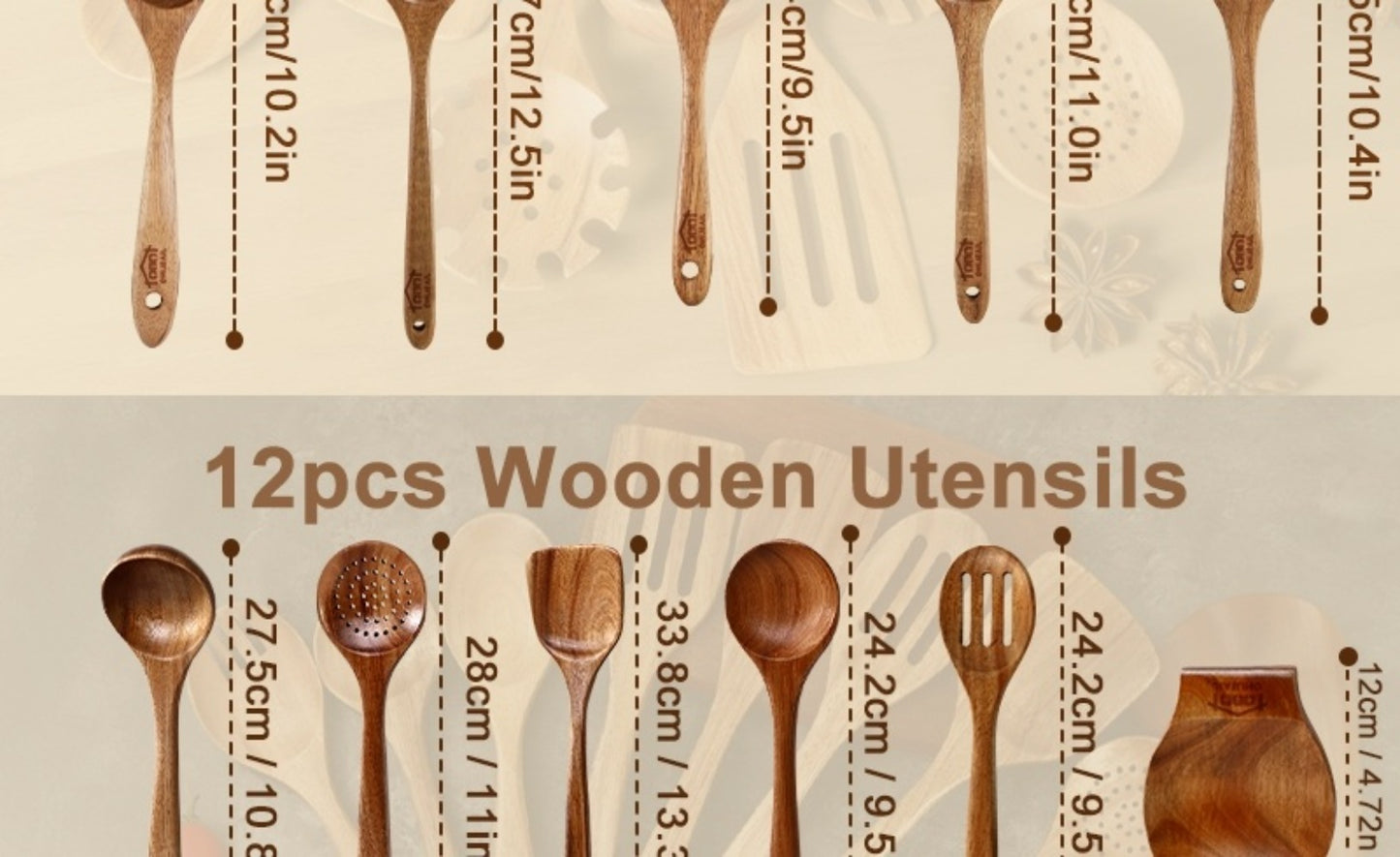 Wooden Spoons for Cooking 10 Pcs – Teak Wood Kitchen Utensils Set, Non-Stick Safe Spatulas & Spoon Cooking Tools