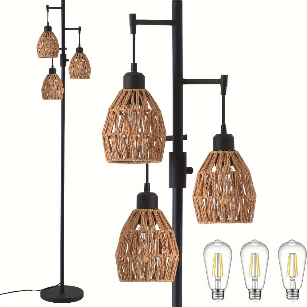 Boho Rattan Floor Lamp Dimmable – 3-Light Stepless Dimming Standing Lamp with Natural Rattan Shade & Metal Base for Living Room, Bedroom, Dining Room – Warm Bohemian Home Lighting